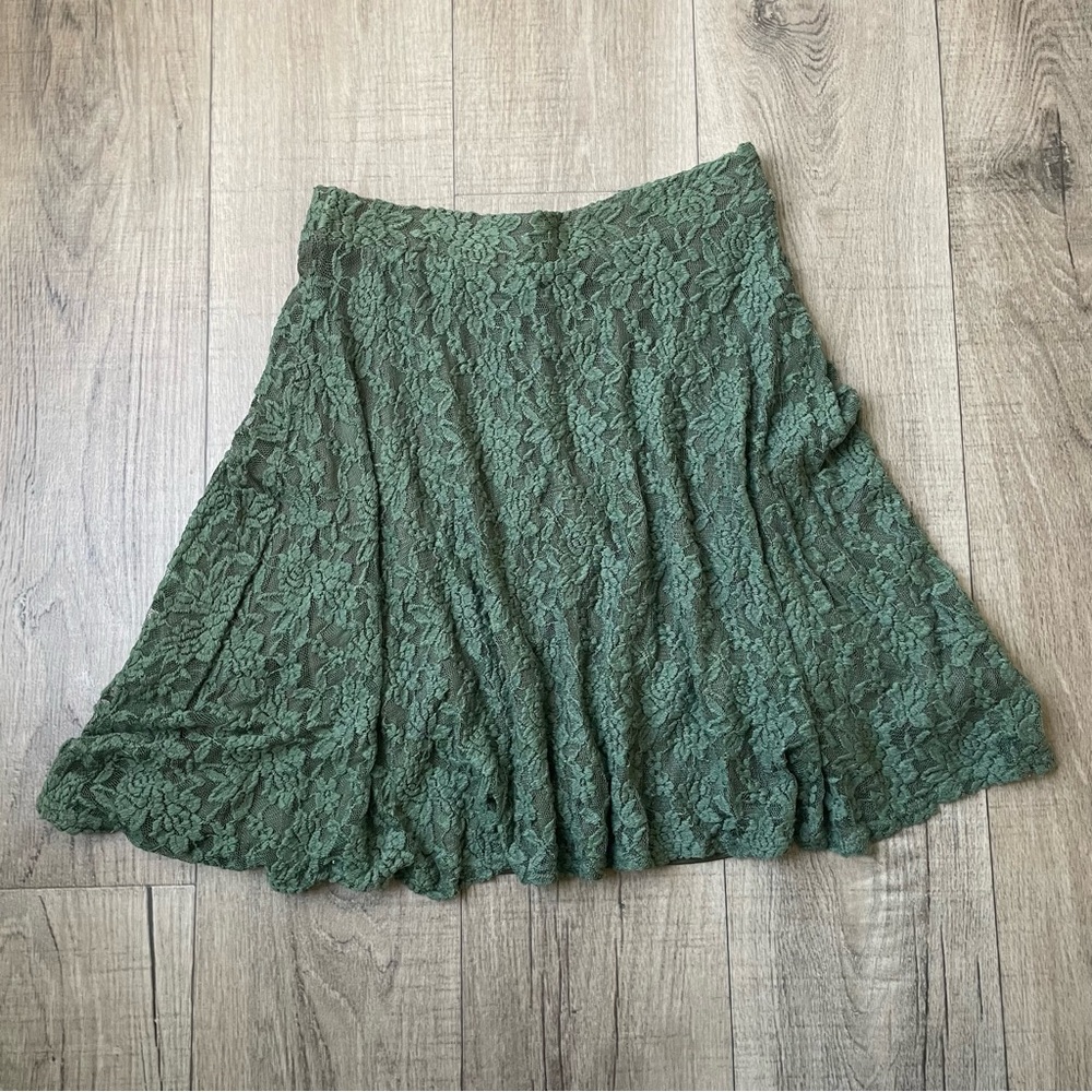 “Myth” Mossy Green Lace Cottagecore Midi Skirt